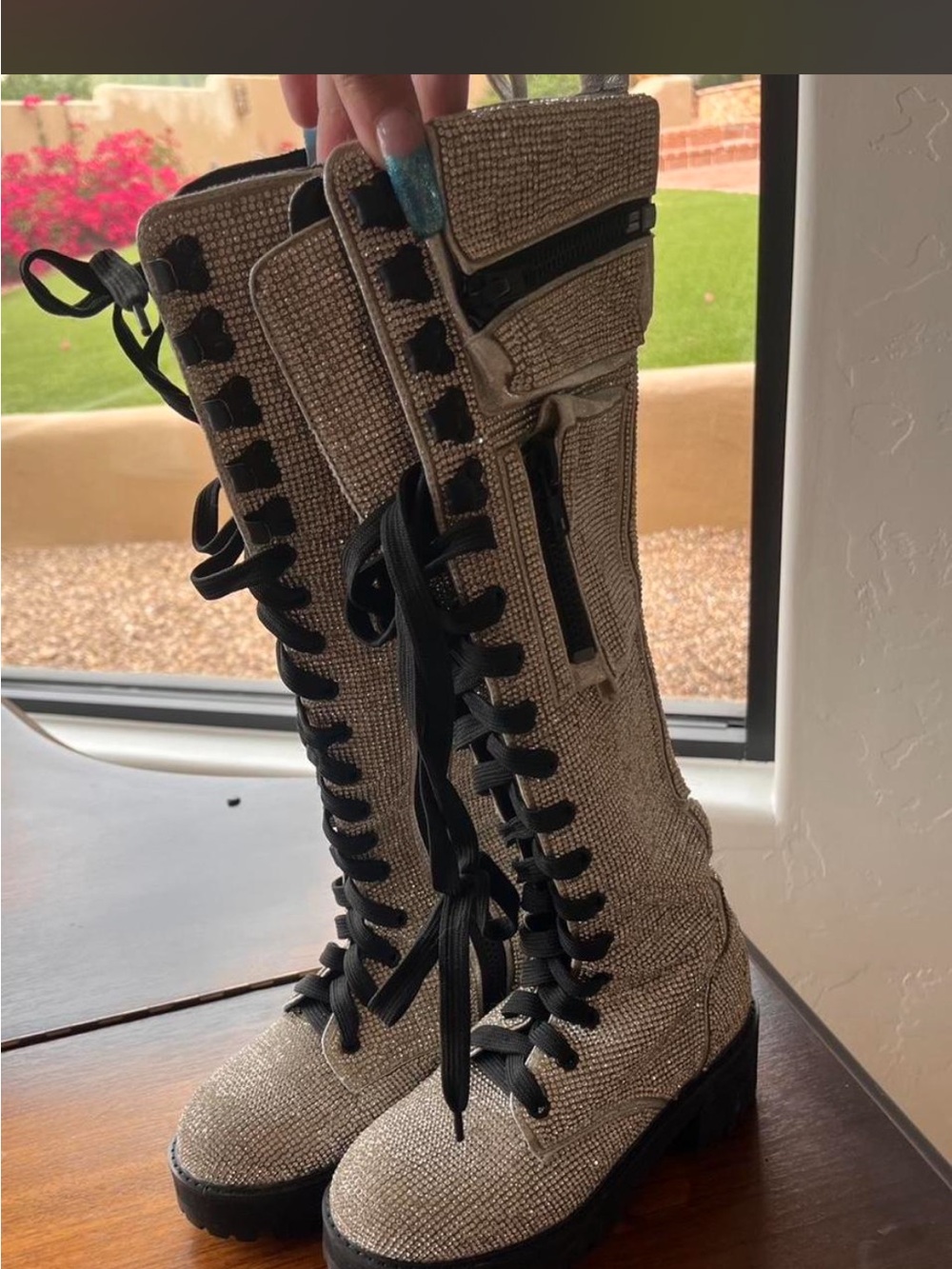 Club exx rhinestone knee high combat boots